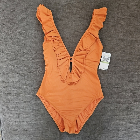 Michael Kors Women's Orange v neck Ruffle One Piece Swimsuit Size 8 - Picture 1 of 12